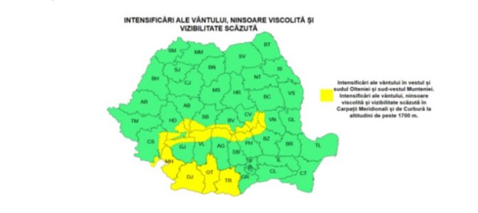 Atenționări meteo: Cod galben de vânt și ninsoare puternică. Prognoza pentru vreme până la Anul Nou