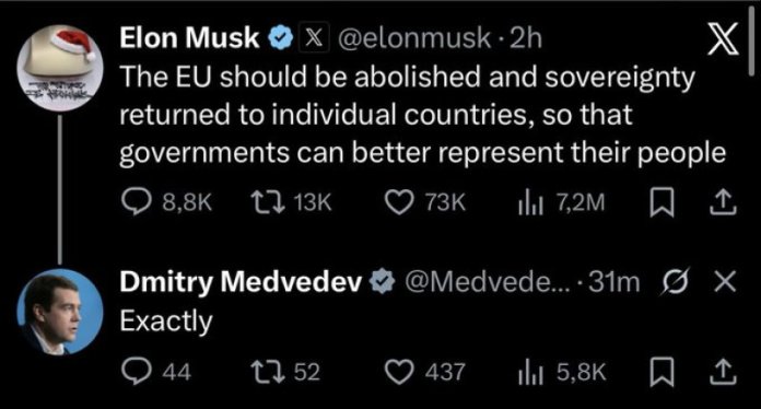Dmitri Medvedev răspunde după ce Elon Musk a solicitat „desființarea” Uniunii Europene: Comentariu pe X
