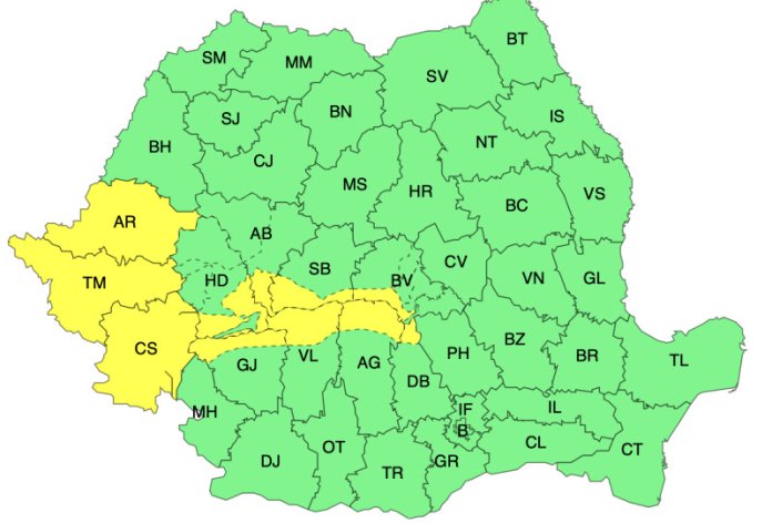 HARTĂ: Aviso meteorologic de condiții meteo extreme. Aproape 20 de județe sub alertă galbenă.
