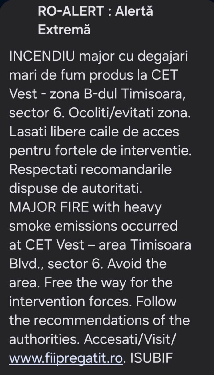 Incendiu la CET Vest București: Fumul observabil de la kilometri distanță / Alertă RO-Alert transmisă