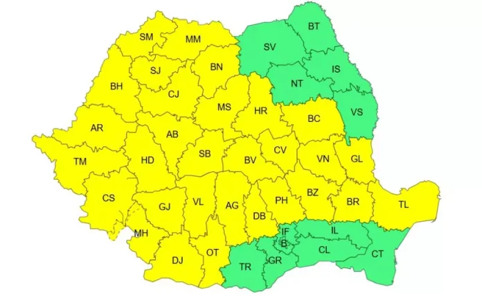 ANM a extins avertizarea meteorologică pentru precipitații torențiale, grindină și furtuni. Harta regiunilor influențate de codul galben.